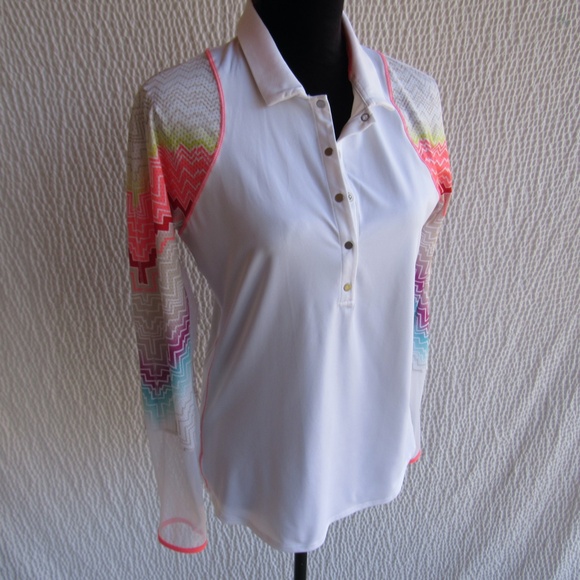 Lucky in Love Womens Top L Pullover White Colorful Golf Pickeball Art Snaps - Picture 6 of 12